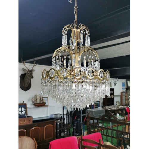 502 - Vintage electric three tier (with 6 levels of drops) Crystal glass & brass chandelier, height 84cm, ... 