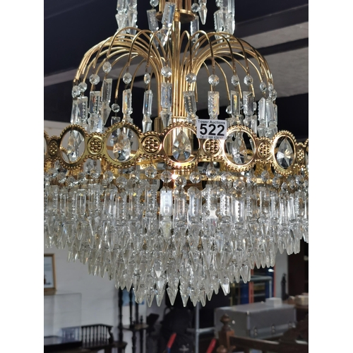 502 - Vintage electric three tier (with 6 levels of drops) Crystal glass & brass chandelier, height 84cm, ... 