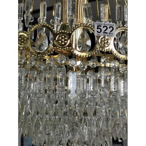 502 - Vintage electric three tier (with 6 levels of drops) Crystal glass & brass chandelier, height 84cm, ... 