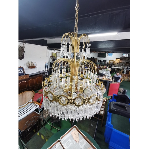 502 - Vintage electric three tier (with 6 levels of drops) Crystal glass & brass chandelier, height 84cm, ... 