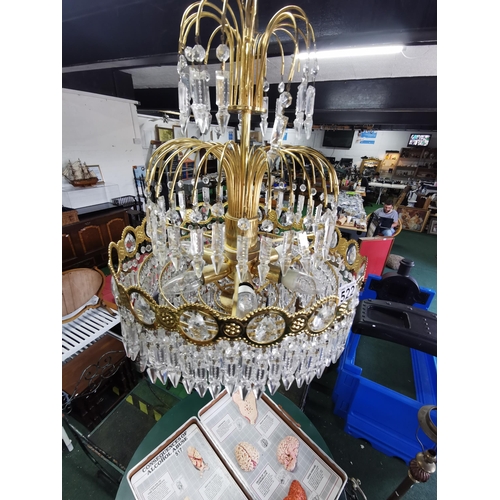 502 - Vintage electric three tier (with 6 levels of drops) Crystal glass & brass chandelier, height 84cm, ... 