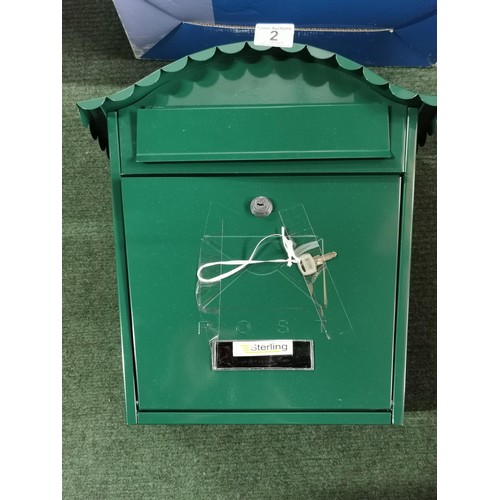 2 - New and boxed aluminium post box. Height of 37cm x 36cm width x depth 13cm