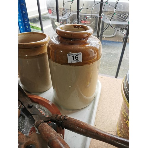 16 - 2x earthenware storage jars along with a large enamel tray with a quantity of tools. Tray measures 5... 