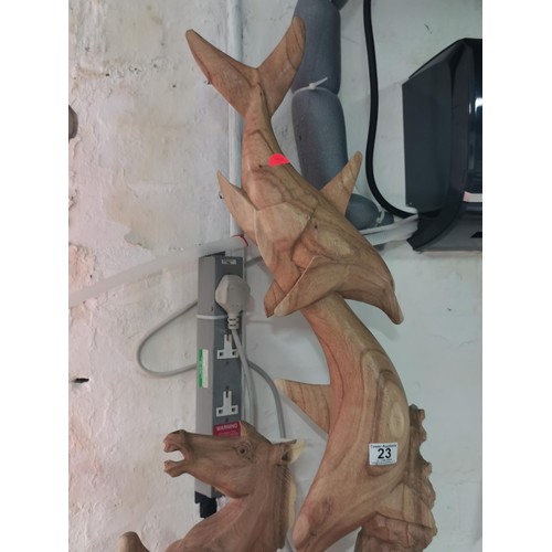 23 - 4x very large Fair Trade wooden animal figures inc. a tall carved dolphin figure & one other along w... 