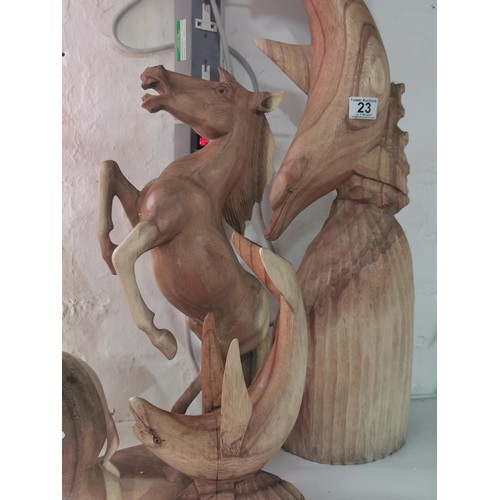 23 - 4x very large Fair Trade wooden animal figures inc. a tall carved dolphin figure & one other along w... 