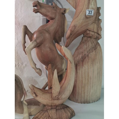 23 - 4x very large Fair Trade wooden animal figures inc. a tall carved dolphin figure & one other along w... 