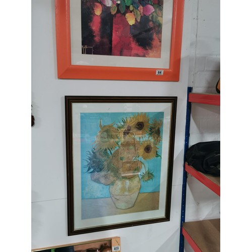 64 - Vincent Van Gogh Sunflowers, Along with modern art floral print signed Keiflir. Largest measures 70c... 