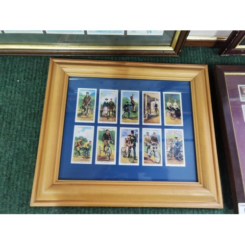 69 - Quantity of 5 framed and glazed cigarette cards, inc golfers, bicycles and historic events. Largest ... 