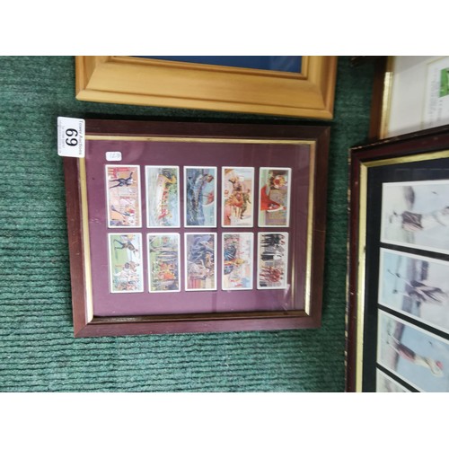 69 - Quantity of 5 framed and glazed cigarette cards, inc golfers, bicycles and historic events. Largest ... 