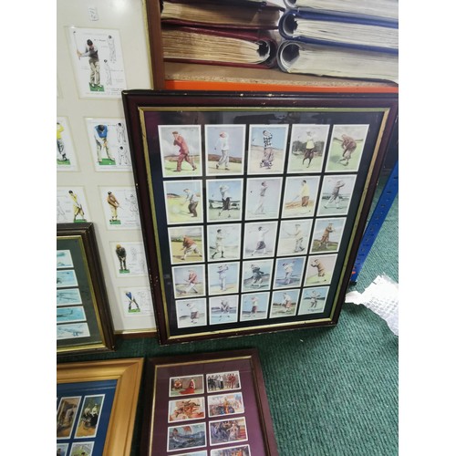 69 - Quantity of 5 framed and glazed cigarette cards, inc golfers, bicycles and historic events. Largest ... 