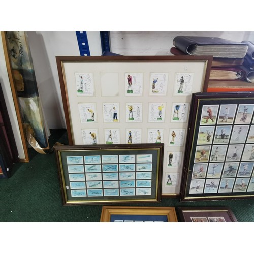 69 - Quantity of 5 framed and glazed cigarette cards, inc golfers, bicycles and historic events. Largest ... 