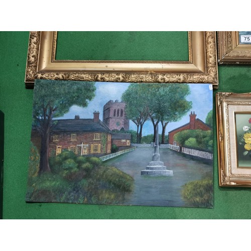 75 - Quantity of pictures inc 2 oil paintings, glazed print of german village and gilded frame (71 x 61cm... 