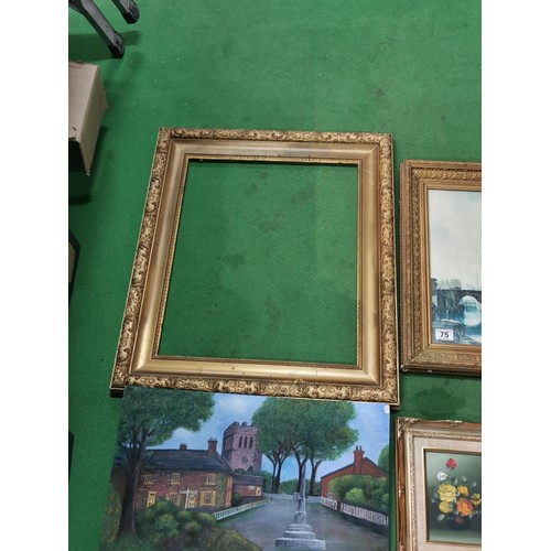 75 - Quantity of pictures inc 2 oil paintings, glazed print of german village and gilded frame (71 x 61cm... 