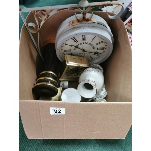 82 - 4x boxes of odds inc 14 cook books, camera cases, Kensington outdoor wall clock, vases etc