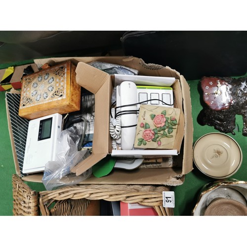 91 - 3x boxes of collectables inc a collection of Denby Memories saucers, wicker basket, chopstick style ... 