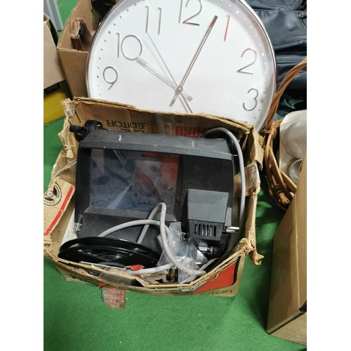 92 - 4x boxes of collectables inc a selection of mens working boots, quartz clock, prinz projector, wicke... 