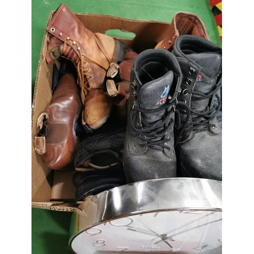 92 - 4x boxes of collectables inc a selection of mens working boots, quartz clock, prinz projector, wicke... 