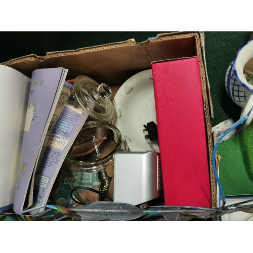 97 - 4x boxes of collectables inc a pair of onyx lamps, boxed Wedgwood millenium plate, glass storage jar... 