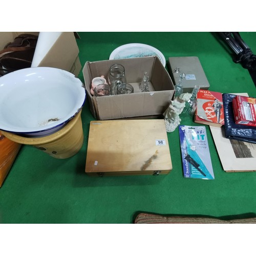 98 - 3x boxes of collectables inc a key safe, glass bells, quantity of riding clothes, selection of binoc... 