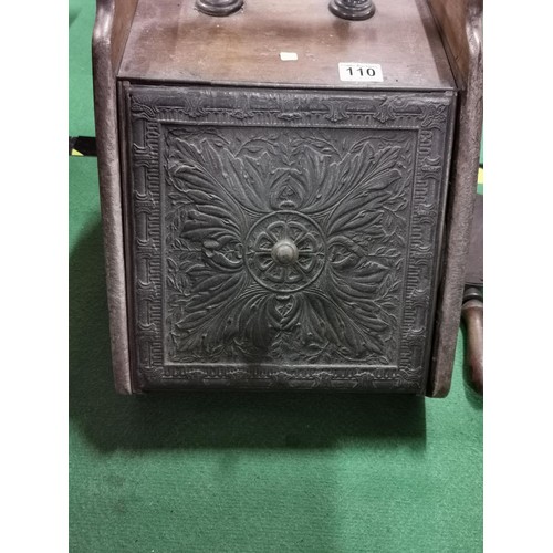 110 - Antique coal scuttle with embossed door with inner liner and shovel