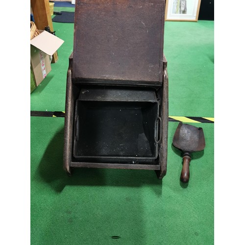 110 - Antique coal scuttle with embossed door with inner liner and shovel