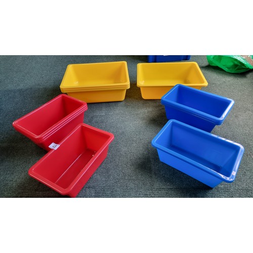 43 - Quantity of 12 Plastic Containers, 4 blue, 4 red, 4 yellow. Largest measures H 13cm, 39 L, 29, W