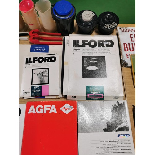 112 - Large quantity of dark room equipment inc 6 boxes of Ilford photographic paper and Agfa, 2x Paterson... 