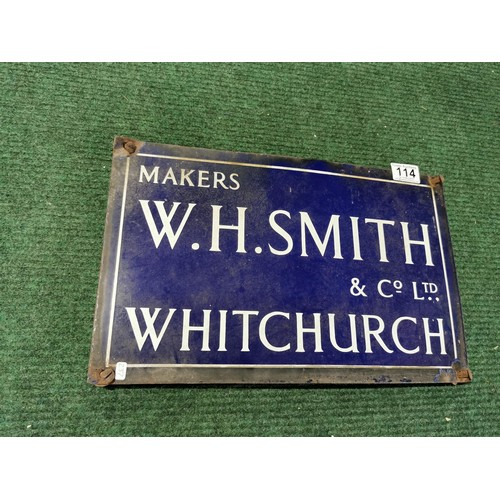 114 - Vintage enamel blue and white sign displaying Makers W.H. SMITH & Co Ltd Whitchurch in excellent con... 