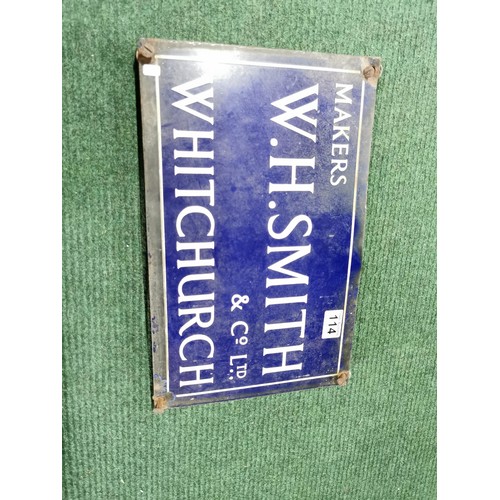 114 - Vintage enamel blue and white sign displaying Makers W.H. SMITH & Co Ltd Whitchurch in excellent con... 