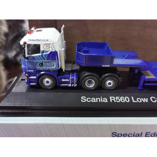 131 - World of Stobart Special Edition boxed Scania R560 low cab and low loader Lily Jane RV233 lorry alon... 