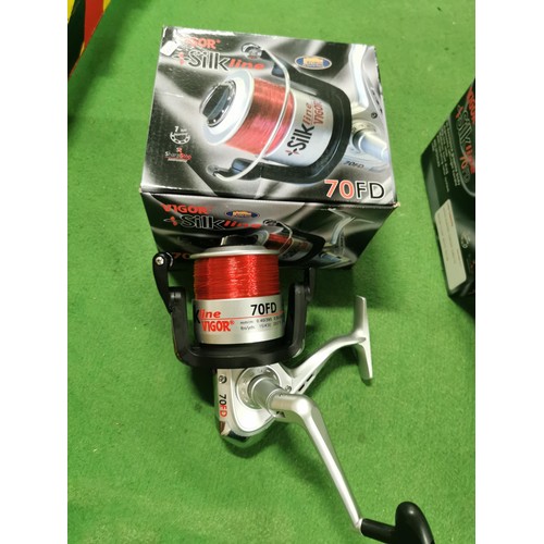 159 - 2x boxed Figor silk line 70FD Sea fishing reels in as new condition