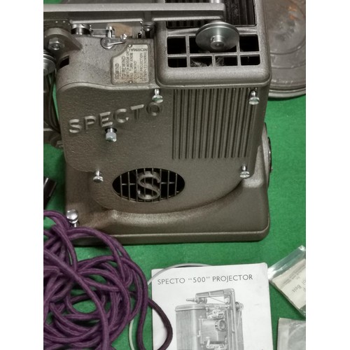 166 - Boxed Specto 500 projector with a large quantity of vintage film reels. comes with boxed bulbs, orig... 