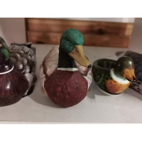 184 - Quantity of 6x ducks, one Mallard by Leonardo, Golden Eye storage pot etc. Largest stands at 14cm hi... 