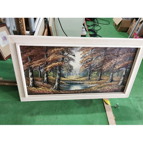 193 - Large white framed palet knife painted woodland scene along with a gilt framed bevel edged mirror, p... 