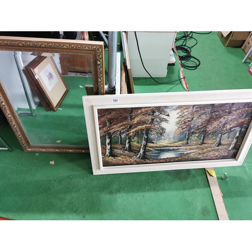 193 - Large white framed palet knife painted woodland scene along with a gilt framed bevel edged mirror, p... 