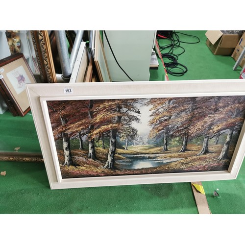 193 - Large white framed palet knife painted woodland scene along with a gilt framed bevel edged mirror, p... 