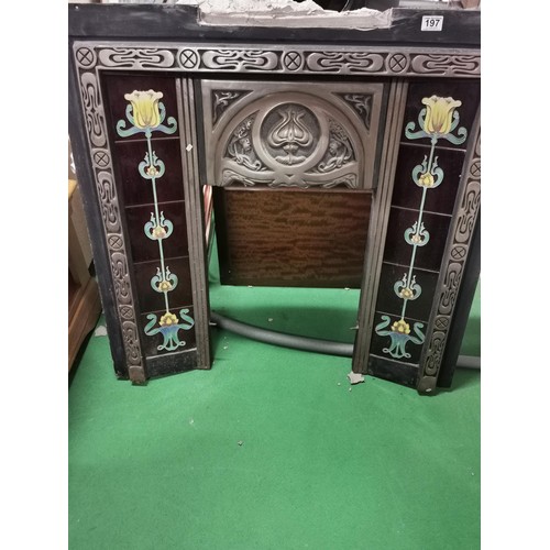 197 - Reproduction art deco style cast iron fire place with 10x inset reproduction tiles with a floral des... 