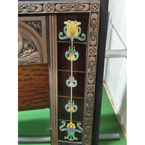 197 - Reproduction art deco style cast iron fire place with 10x inset reproduction tiles with a floral des... 