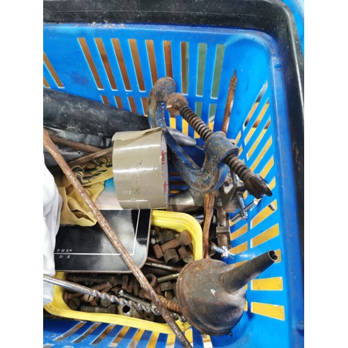 403 - Basket full of tools and accessories inc belly drill, strimmer wire, raul plug kit etc