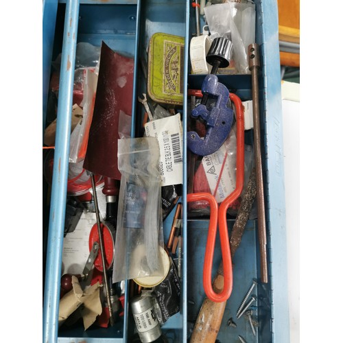 404 - Large heavy duty canteleva tool box full of tools inc heavy duty 100+ Amp fuses, Stanley drill, wood... 