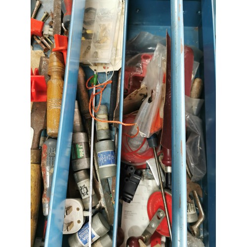 404 - Large heavy duty canteleva tool box full of tools inc heavy duty 100+ Amp fuses, Stanley drill, wood... 