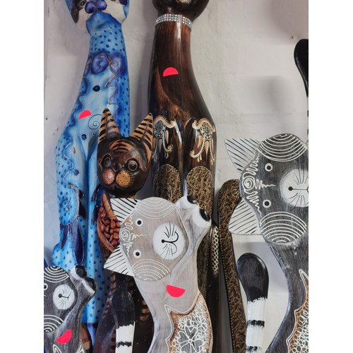 231 - Collection of 7x Fair Trade wooden cats, tallest measuring 92cm, all in good order