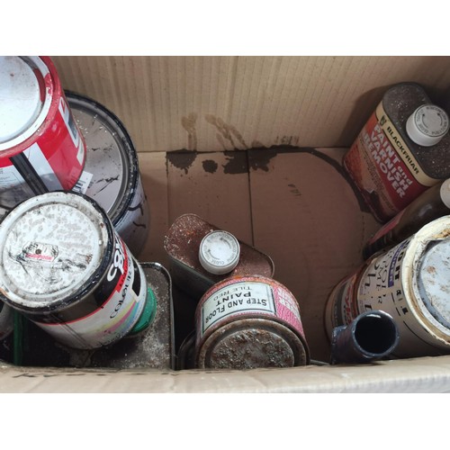 413 - Box containing paints, thinners, varnishes etc, mostly full along with a quantity of 20x 12v Dura bu... 