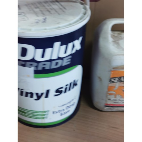 413 - Box containing paints, thinners, varnishes etc, mostly full along with a quantity of 20x 12v Dura bu... 