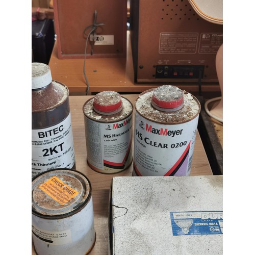 413 - Box containing paints, thinners, varnishes etc, mostly full along with a quantity of 20x 12v Dura bu... 