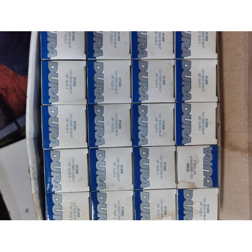 413 - Box containing paints, thinners, varnishes etc, mostly full along with a quantity of 20x 12v Dura bu... 