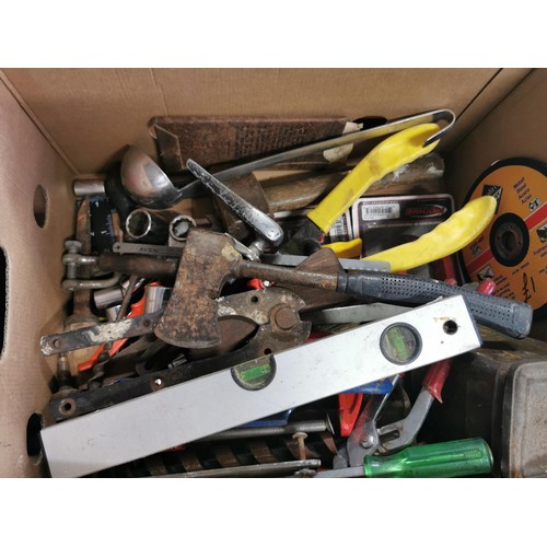 435 - 2x boxes of tools inc hand saws, spanners, axes, lump hammer, chisels along with a 8 Amp car charger... 