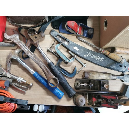 435 - 2x boxes of tools inc hand saws, spanners, axes, lump hammer, chisels along with a 8 Amp car charger... 