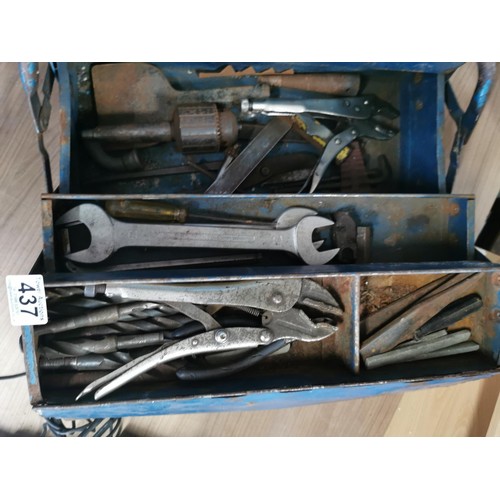 437 - Cantilever Draper tool box full of tools inc mull grips, spanners, drill bits along with a Kal Volt ... 