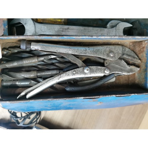 437 - Cantilever Draper tool box full of tools inc mull grips, spanners, drill bits along with a Kal Volt ... 